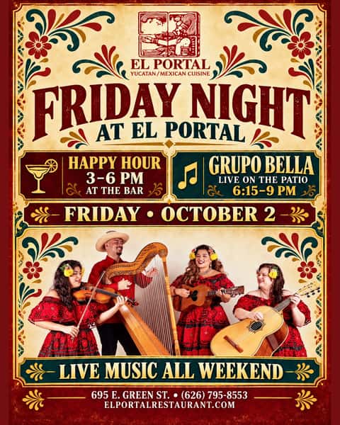 Friday plans? El Portal! 🍹🎶

Happy Hour 3–6 PM at the bar, then Grupo Bella live on our patio from 6:15–9 PM.

Come for dinner before Pasadena Playhouse or make it a music night. Live music all weekend!

Reservations: elportalrestaurant.com

#ElPortalPasadena #GrupoBella #LiveMusic #PasadenaDining #HappyHour