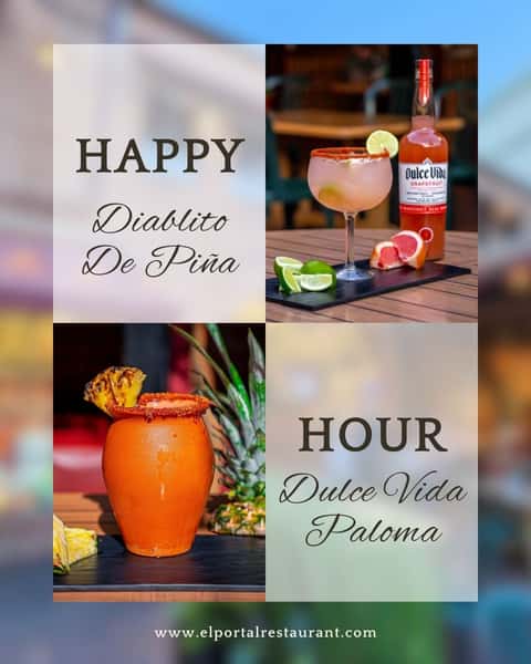 Drinks that bring joy! Sip on our refreshing Diablito De Piña or Dulce Vida Paloma during Happy Hour. Stop by Tues-Fri (3-6 PM) and Sat-Sun (3-5 PM) to enjoy lively Cantina Verde vibes. 🕺 Salud! 

#ElPortalHappyHour