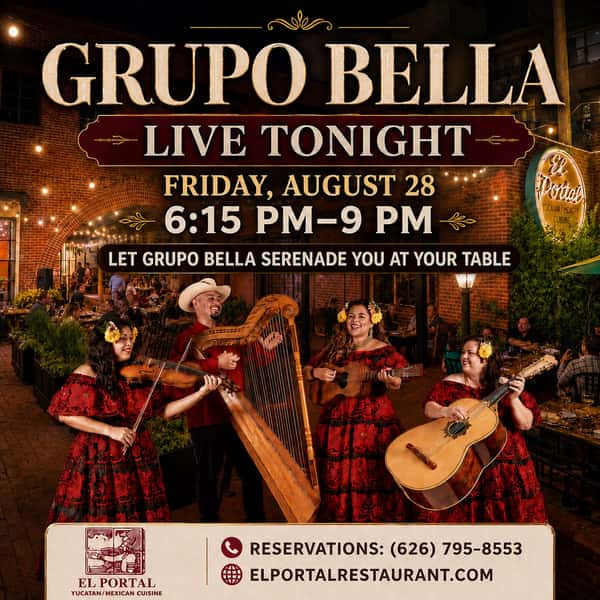 Let Grupo Bella serenade you tonight! 🎶🌹

Join us on the El Portal patio from 6:15–9 PM for live music, delicious dinner, and your favorite drinks. They’ll even serenade you right at your table!

Reservations: (626) 795-8553

#ElPortalPasadena #GrupoBella #LiveMusic #PasadenaEats #PatioDining