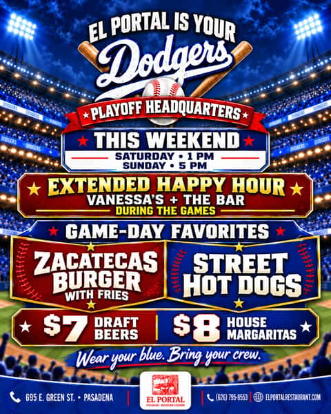 Your Sunday plans are at El Portal! ⚾️🍹🎶

Dodgers at 5 PM, plus Rob live on our patio from 5:30–8:30 PM.

Enjoy extended Happy Hour in Vanessa’s and at the bar during the game, Zacatecas Burgers with fries, and Street Hot Dogs. Bring your crew!

#ElPortalPasadena #Dodgers #PasadenaDining #LiveMusic #HappyHour