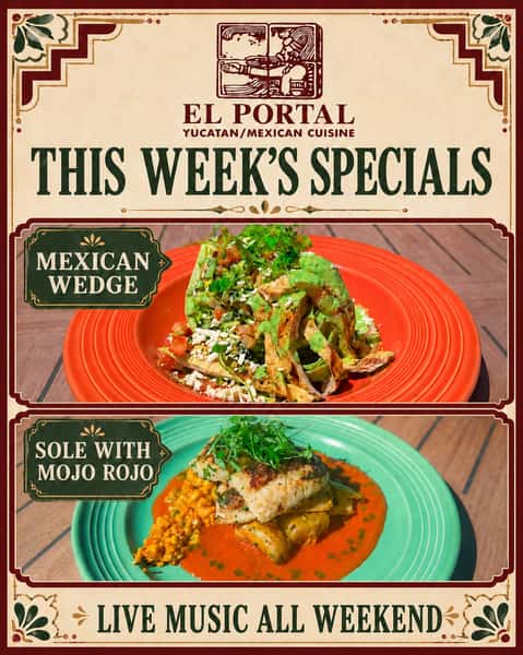 This weekend at El Portal! 🍽️🎶

Try our Mexican Wedge with grilled chicken and creamy cilantro dressing, or our Sole with Mojo Rojo, chimichurri potatoes and roasted corn.

Enjoy live music all weekend! Make your reservation at elportalrestaurant.com.

#ElPortalPasadena #WeekendSpecials #LiveMusic #PasadenaDining #MexicanFood