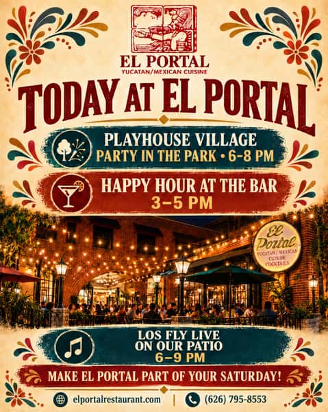 Make El Portal part of your Saturday plans! 🎉🍹🎶

Enjoy Playhouse Village’s Party in the Park from 3–5 PM, then join us at El Portal:

🍹 Happy Hour: 3–5 PM at the bar
🎶 Live music: 6–9 PM on our patio

Come for drinks, dinner and a beautiful evening of live music!

#ElPortalPasadena #PlayhouseVillage #HappyHourPasadena #LiveMusicPasadena #PasadenaDining