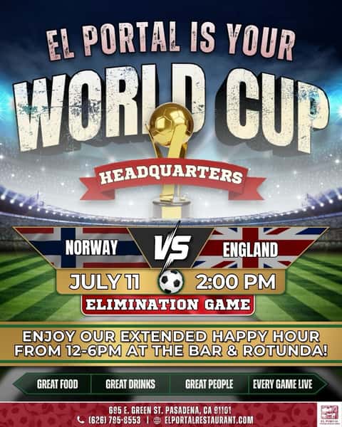 🔥 Quarterfinal Saturday is here! 🔥

The road to the World Cup continues with two huge elimination matches today at El Portal!

⚽ 2:00 PM – 🇳🇴 Norway vs. 🏴 England
⚽ 6:00 PM – 🇦🇷 Argentina vs. 🇨🇭 Switzerland

Catch every minute on our big screens while enjoying great Mexican food, ice-cold drinks, and the best game-day atmosphere in Pasadena. 🍻🌮

🍹 Extended Happy Hour from 12–6 PM at the Bar & Rotunda!

Bring your friends, wear your team’s colors, and join us at El Portal – Your World Cup Headquarters! ⚽🏆

#WorldCup2026 #ElPortalPasadena #WatchParty #SoccerFans #HappyHour @mr_pasadena @thefoodiefilmmaker