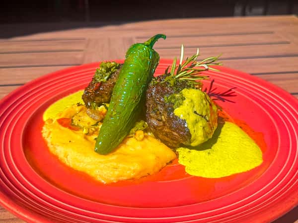 Steak Poblano is our first special for this week! 😋

Tender grilled steak fillets topped with creamy roasted poblano sauce and roasted corn, served with chipotle mashed potatoes and calabacitas.