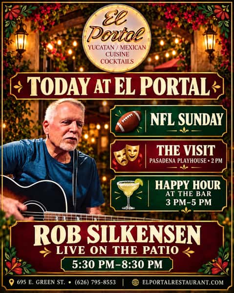 Sunday fun at El Portal! 🏈🍹🎶

Join us for NFL football, Happy Hour at the bar from 3–5 PM, and Rob Silkensen live on the patio from 5:30–8:30 PM!

Going to The Visit at Pasadena Playhouse at 2 PM? Stop by before or after the show for great food and drinks.

#ElPortalPasadena #NFLSunday #HappyHourPasadena #LiveMusicPasadena #PasadenaPlayhouse