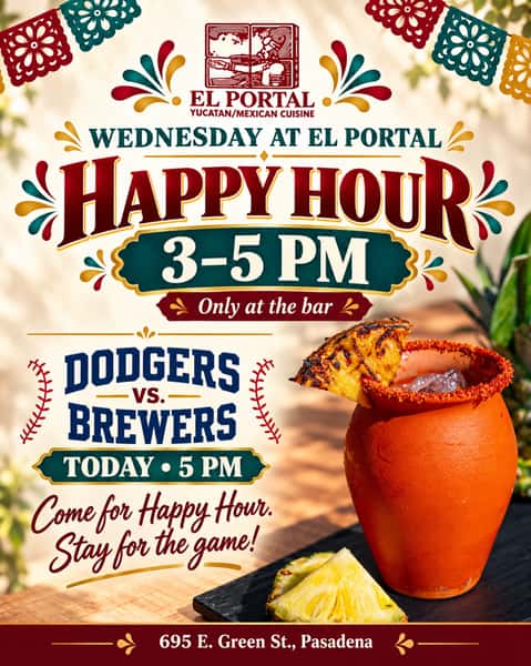Your Wednesday plans start at El Portal! 🍹⚾

Happy Hour • 3–5 PM, only at the bar
Dodgers vs. Brewers • 5 PM

Come for Happy Hour and stay to cheer on the Dodgers! 💙

📍 695 E. Green St., Pasadena

#ElPortalPasadena #LetsGoDodgers #PasadenaEats #HappyHour #PlayhouseVillage