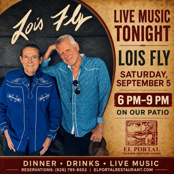 Tonight, the El Portal patio comes alive! 🎶🍹

Join us as Lois Fly performs from 6–9 PM. Enjoy dinner, refreshing drinks, and live music under the patio lights!

Reservations: (626) 795-8553

#ElPortalPasadena #LoisFly #LiveMusic #PasadenaEats #PatioDining