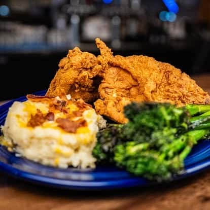 fried chicken, broccoli and mashed potato