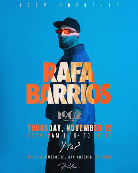 SAN ANTONIO, ARE YOU READY?

@rafabarriosdj is taking over 1902 Nightclub for a night of nonstop beats and unmatched energy.

THURSDAY, NOVEMBER 12 | 10 PM – 2 AM
18+ TO ENTER

1174 E Commerce St, San Antonio, TX 78205

🎟️ Get your tickets: Link in our bio

#1902Nightclub #RafaBarrios #SanAntonioNightlife #SATX