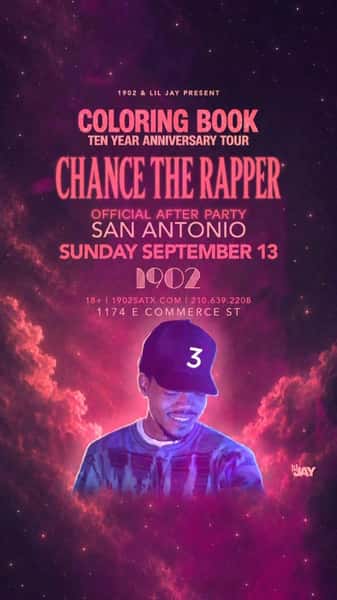 THE CONCERT ENDS. THE NIGHT KEEPS GOING.

Chance the Rapper’s Official After Party is taking over 1902 this Sunday, September 13.

SPECIAL SHOW | 18+ | 9:30 PM
One night only. San Antonio, don’t miss this one.

Tickets available now — link in bio