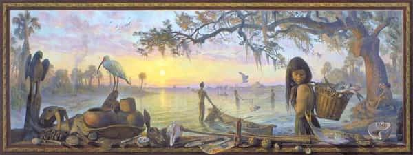 Panoramic painting of a serene riverside scene at sunrise, showcasing Native American life with women gathering fish in woven baskets, men casting nets, and birds soaring above the water; the foreground features traditional tools, pottery, and artifacts reflecting a rich Indigenous cultural heritage.