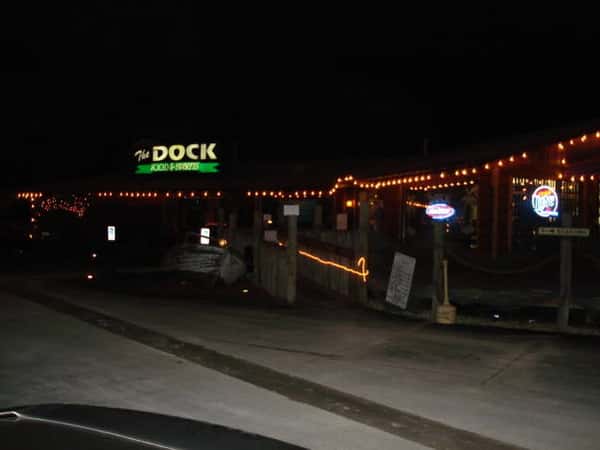 The Dock restaurant front entrance with light decorations