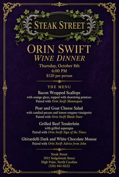 Orin Swift Wine Dinner Menu