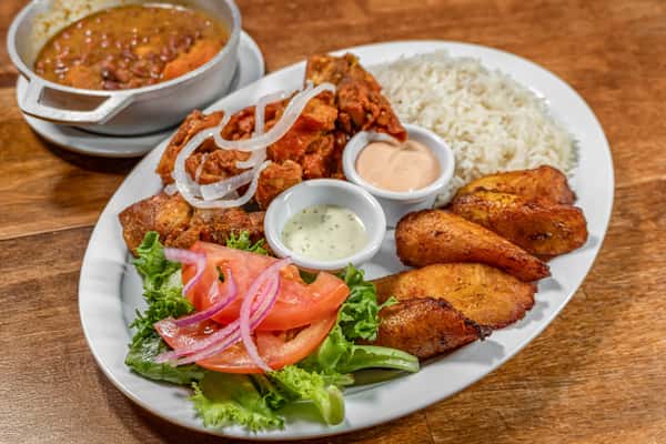Chicharonnes Plantains Rice & Beans