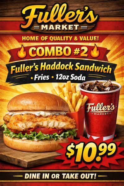 COMBO #2 fullers haddock sandwich + fries + 12oz soda