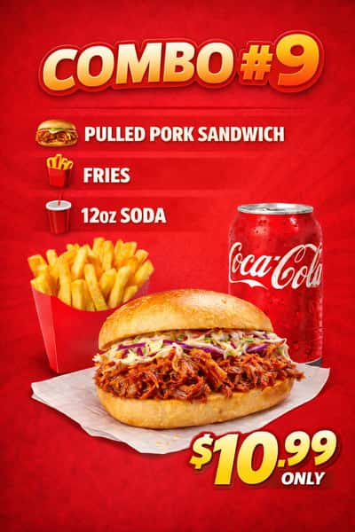 combo #9 pulled pork sandwich + fries + 12oz soda