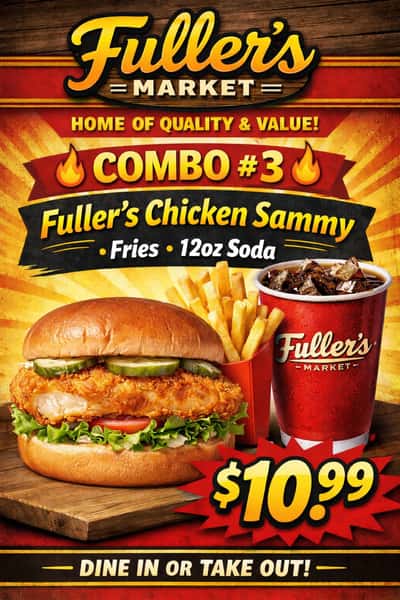 COMBO #3 FULLERS CHICKEN SAMMY + FRIES + 12OZ SODA