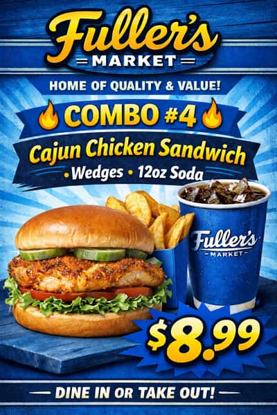 COMBO #4 CAJUN CHICKEN SANDWICH + WEDGES + 12OZ SODA