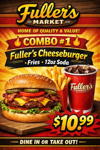 COMBO #1 fullers cheese burger + fries + 12oz soda