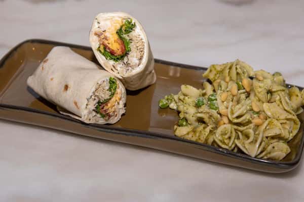 wrap with a side of pasta salad
