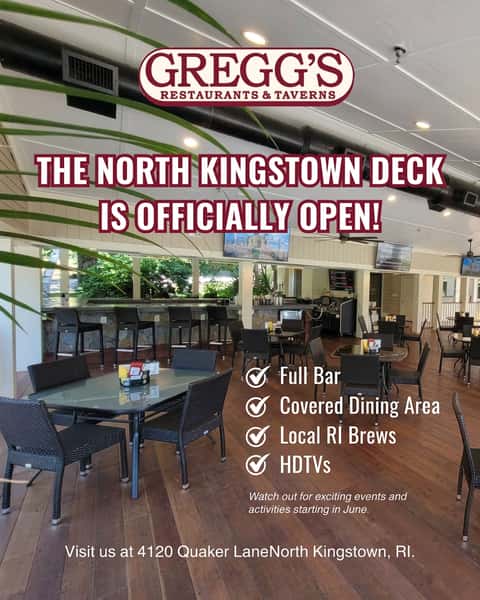 The North Kingstown deck is now open for the season! Come enjoy our beautiful outdoor dining space, which features a full bar, a large covered dining area, and plenty of large-screen TVs. With your favorite local RI brews on tap and weatherproof roll-down sides, you'll stay comfortable from May to October. Starting in June, we'll have exciting events and activities for you. Mark your calendars for: Trivia on Wednesday nights; Karaoke on Thursdays; Live music every Friday and Saturday on the deck. Come experience this new twist on a Gregg's tradition! ☀️🍻