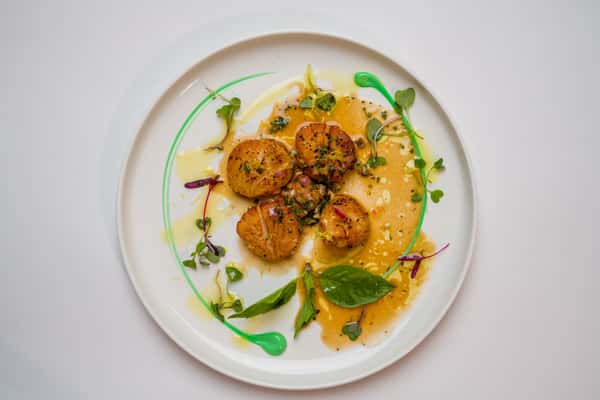 Seared scallops with garlic herb butter, white wine and basil at Beehive restaurant in Downtown Dallas