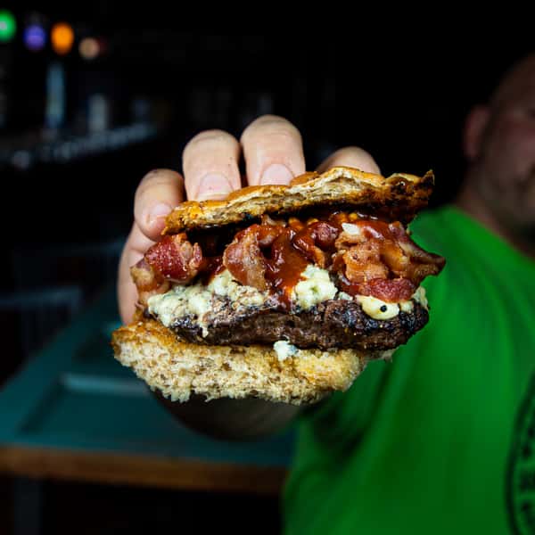 good vibes BBQ Bacon Blue Burger
