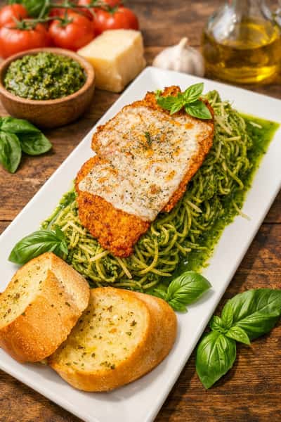 Chicken fettuccine alfredo with parmesan cheese, black pepper, and garlic bread on a white plate.