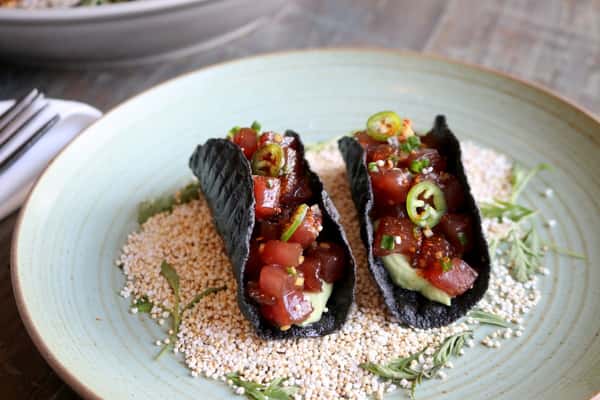 Taquitos de Atún, crispy tuna taquitos with fresh toppings, a refined small bite at Zaranda Houston