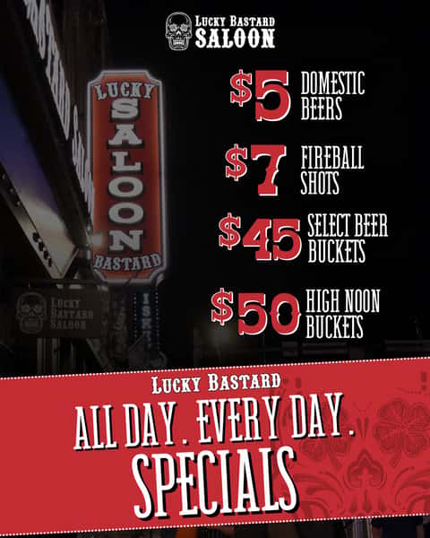 🔥 ALL DAY. EVERY DAY. 🔥
Lucky Bastard knows how to keep the drinks flowing without breaking the bank. 🤠🍻
💰 $5 Domestic Beers
🔥 $7 Fireball Shots
🍺 $45 Select Beer Buckets
🥶 $50 High Noon Buckets
Come get lucky. 😉
📍 Lucky Bastard Saloon — Broadway, Nashville
#nashvilletn #nashvillespecials #thingstodoinnashville #broadway