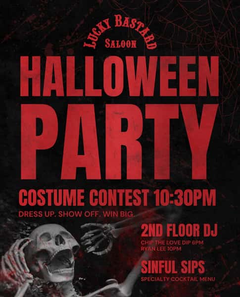 This Halloween, we’re raising a little hell at Lucky Bastard. 😈🎃
Join us for a wicked night of costumes, cocktails, and nonstop partying! 🕸️
💀 Costume Contest at 10:30PM — Dress up, show off & win big!
🎧 2nd Floor DJs: Chip The Love Dip at 6PM & Ryan Lee at 10PM
🍸 Sinful Sips specialty cocktails all night!
📍 Lucky Bastard Saloon | Nashville, TN