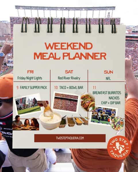 Friday night lights. College ball Saturday. The pros on Sunday. That's a Texas weekend.
Whatever's on your football schedule, Two Step Taqueria has tacos, queso, burritos, salsa, bowls and more to keep everyone fed from kickoff to the final whistle.
Order for pickup or delivery using our link in bio.
