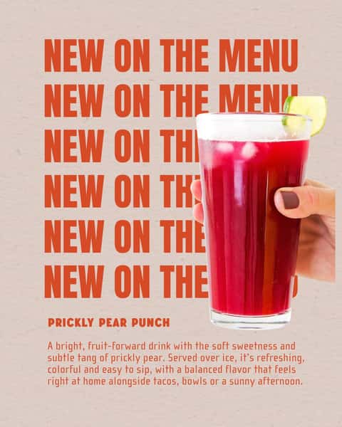 Now pouring: Prickly Pear Punch.
Bright, juicy and refreshing, this house-made drink is served over ice and ready for your next order.
Order now using our link in bio.