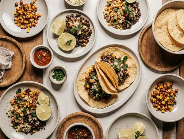 Overhead view of corn tortilla street tacos filled with black beans, roasted corn, diced onions, and cilantro, surrounded by small plates of salsa, lime wedges, and Mexican-style sides on a rustic table.