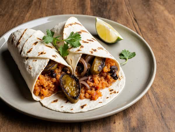 Vegetarian burrito wrap filled with Mexican rice, grilled vegetables, beans, and onions on a toasted tortilla.