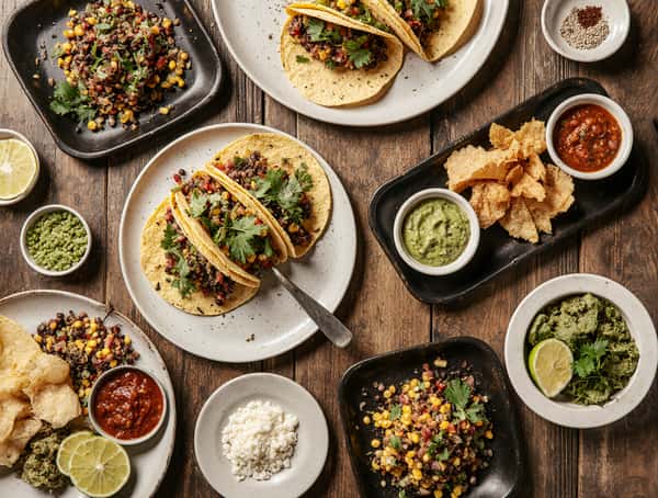Mexican table spread with street tacos, tortilla chips, guacamole, salsa, corn salad, and assorted small plates.