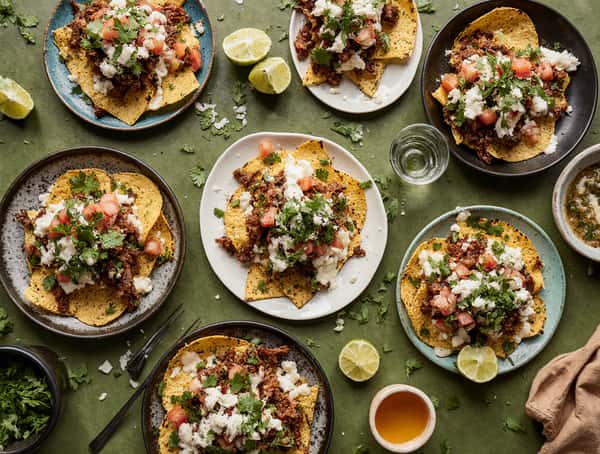 Table spread of loaded nachos with seasoned meat, cheese, pico de gallo, cilantro, and lime wedges.