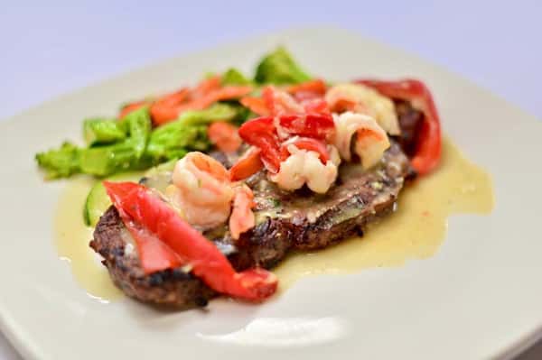 Rib eye Steak with shrimp in scampi sauce