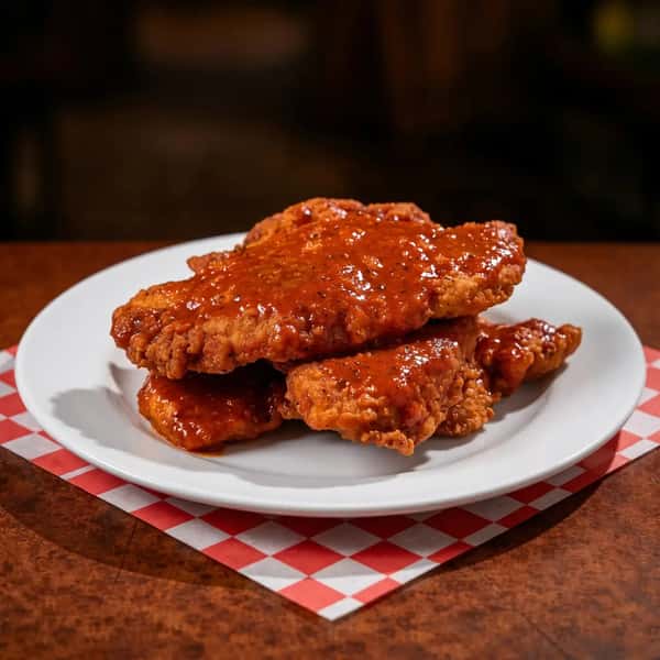 crispy chicken tenders coated in sauce served on a plate with a bold, flavorful finish
