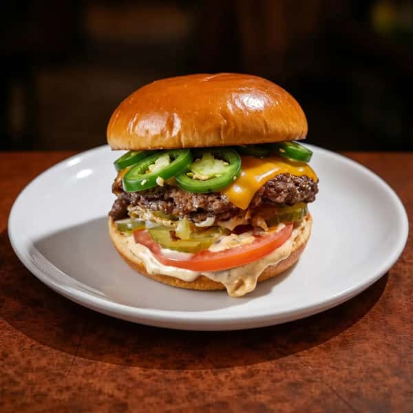 custom smash burger with lettuce, tomato, jalapeños, and melted cheese on a soft bun