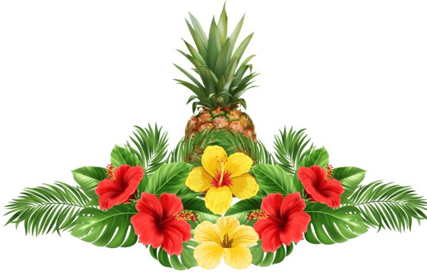 arrangement of tropical flowers, leaves, and pineapple