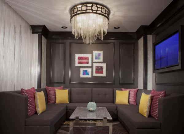Dining Area with booth seating and crystal chandelier