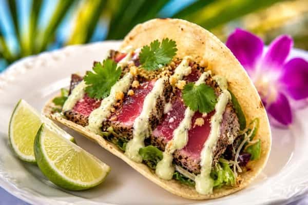 Seared Ahi Taco w/ Spring mix and Feta and Wasabi Lime Crema Sauce
