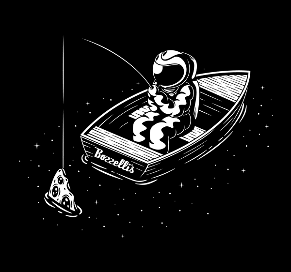 Spaceman fishing with pizza in boat