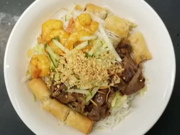 (54) Vermicelli with Lemon Grass Beef, Spring Rolls & Charbroiled Shrimp