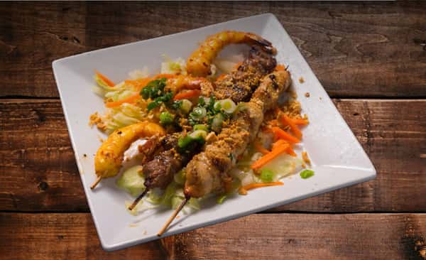 (8) Satay Chicken, Beef and Shrimp Skewers (3 Skewers)