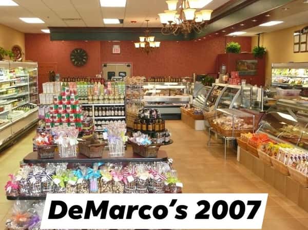The inside of DeMarco's in 2007 with a front counter and shelves of products