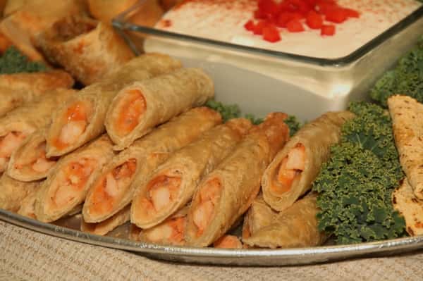 A tray filled with cut eggrolls