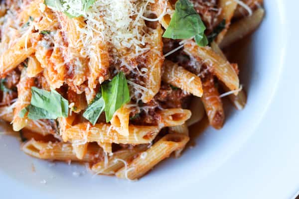 penne, traditional meat sauce, parmesan, basil