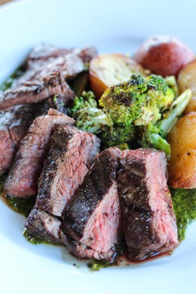 skirt steak roasted potatoes, brocolli + italian chimichurri